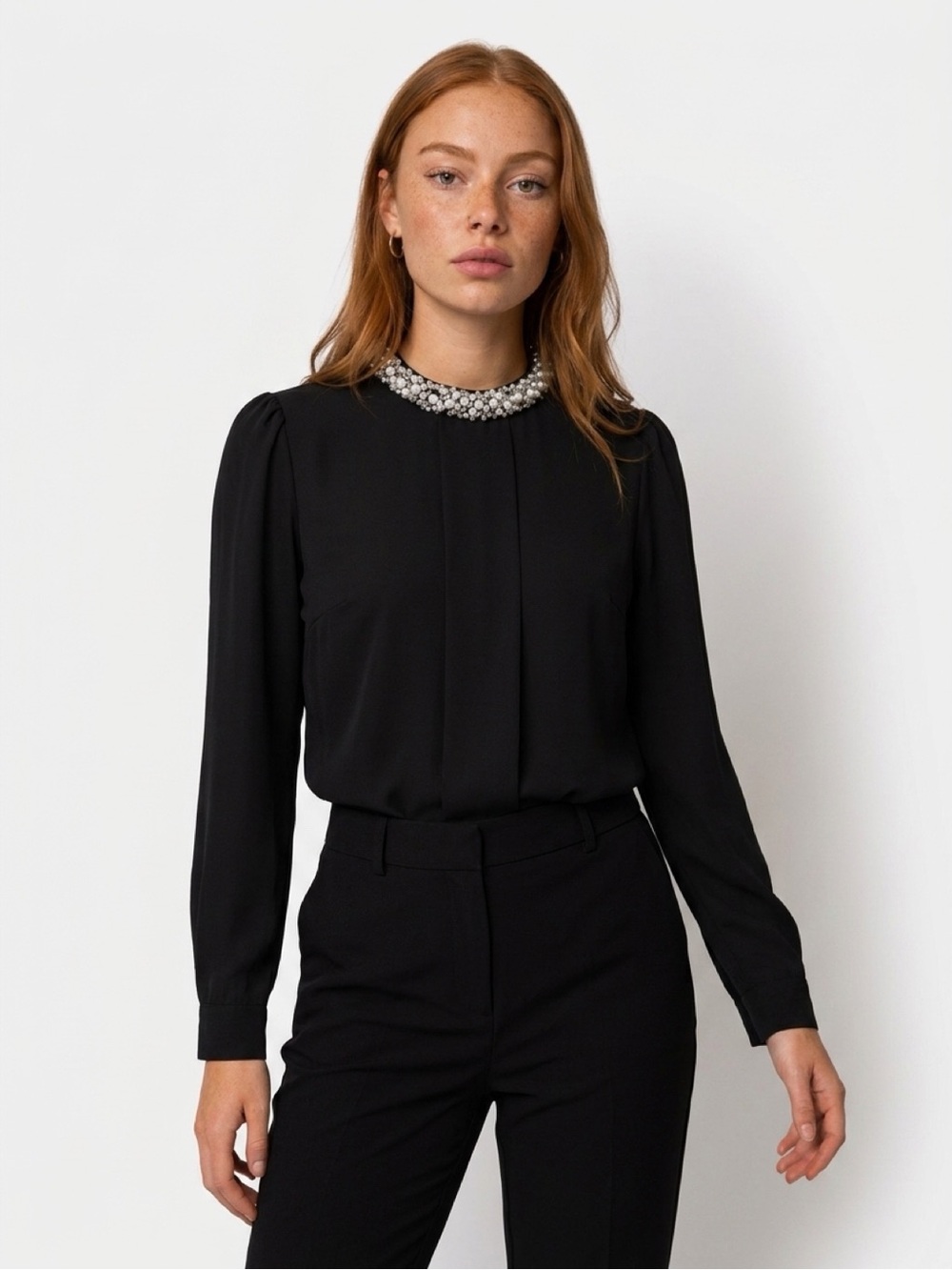 SHEIN Black Long Sleeve Pearl-Embellished Collar Blouse